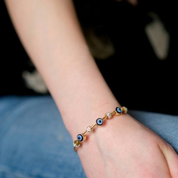 The Colourful Aura Blue Evil Eye Brass Gold Zircon Magnetic Bangle Bracelet