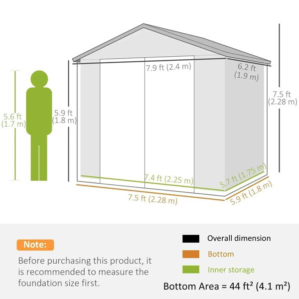Wall shed size diagram with overall and floor dimensions indicated