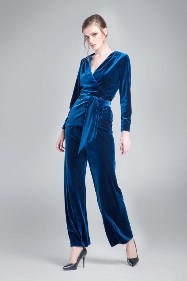 Rumour London Evelyn velvet wrap jacket with a self-tie sash in royal blue