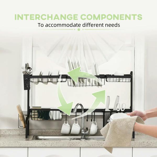 Black 2-tier over-sink dish rack with interchangeable wire racks and hanging hooks