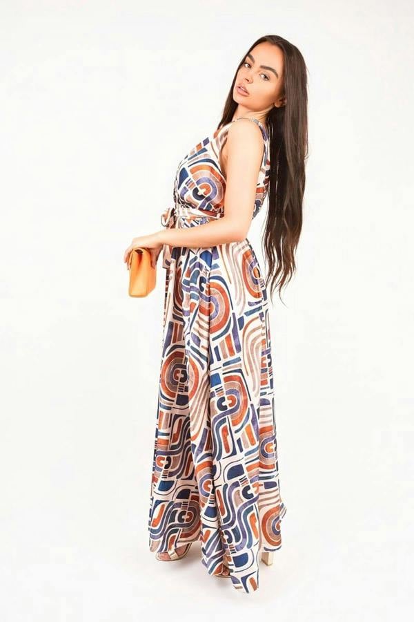 Nalani V Neck Sleeveless Maxi Dress With Tie Waist - Beige