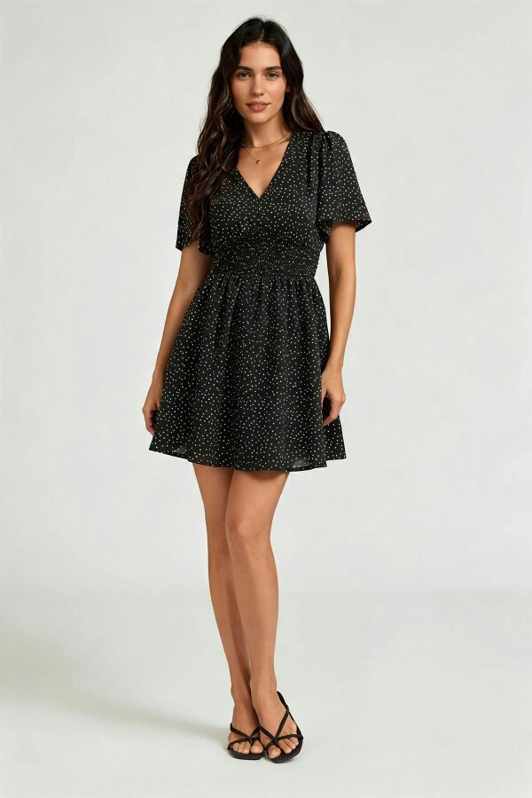 FS Collection Dot Print Short Sleeve Mini Dress In Black