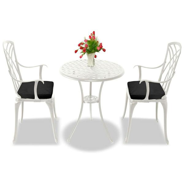 Homeology OSHOWA White Aluminium Weatherproof Outdoor Table and 2 Comfortable Chairs with Armrests Bistro Set with Black Cushions