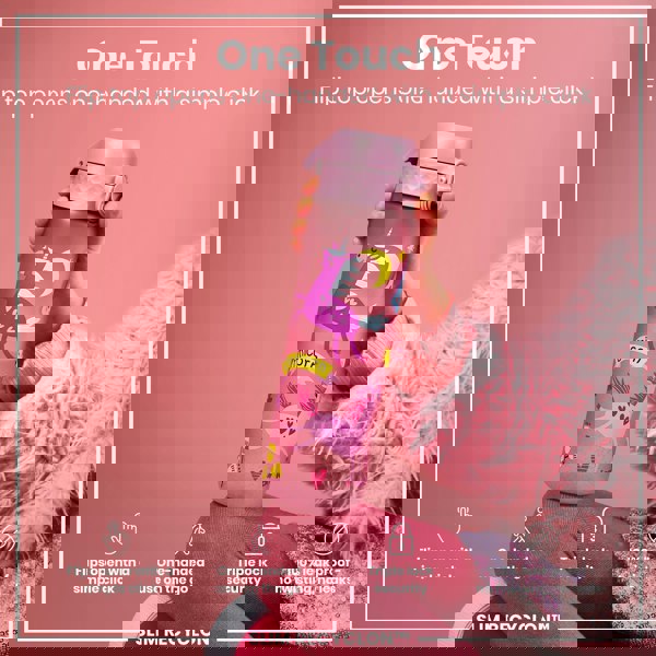 A pink unicorn-decorated water bottle is being held; its flip top opens one-handed. The bottle features a triple lock security mechanism and is advertised as 100% leakproof. "One Touch," "Flips open with a simple click," "One-handed use on the go," "Triple lock security," and "100% leak proof - no twisting, no leaks," and "SLIM RECYCLON™" are also shown.