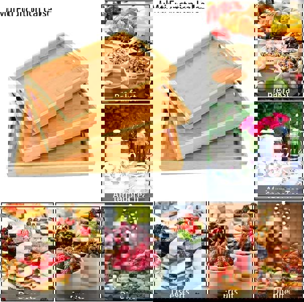 MANTRARAJ Bamboo Serving Trays with Handles Set of 3 Wooden Platters Rectangular Wooden Breakfast Tray