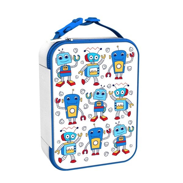 Colorful lunchbox featuring cartoon robots in blue and red waving and dancing on a white background with spiral patterns. Blue handle and zipper detail the design.