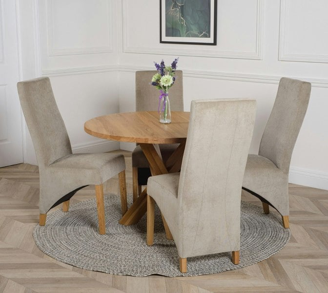 That's Furniture Oregon Round Oak Dining Table with Lola Fabric Chairs