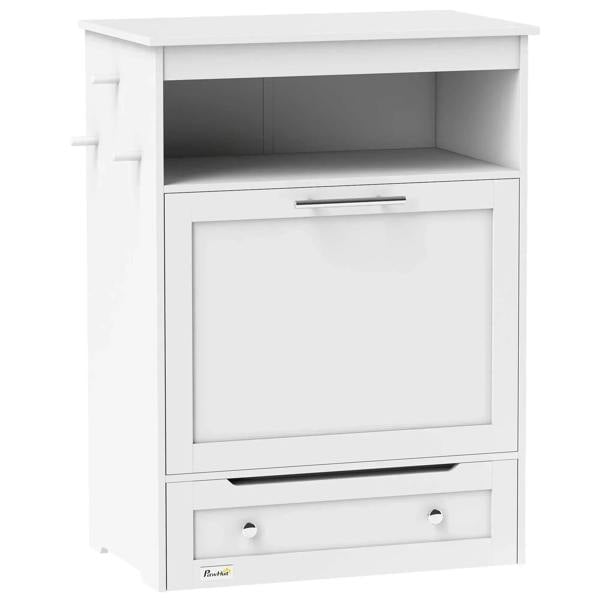 White pet feeder storage cabinet with open shelf and front drawer door.