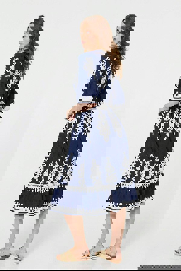 Navy | Ikat Print 1/2 Flared Sleeve Midi Dress