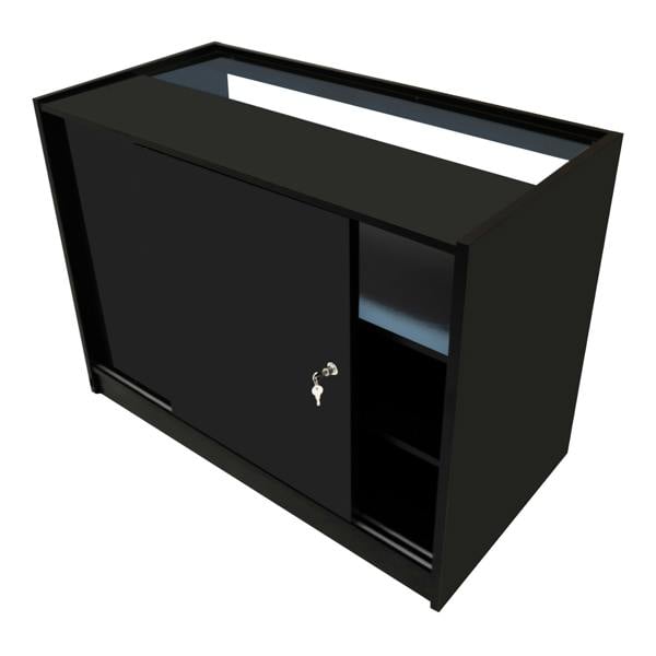 Sagittarius LED Shop Counter Set in black, featuring a sleek design with sliding doors, glass top, and storage shelves for organization