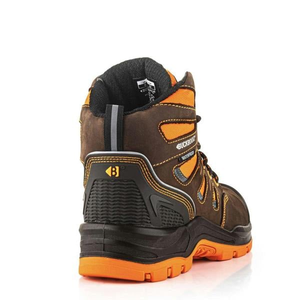 Buckbootz BVIZ2 Mens Lace Up S7S Composite Safety Ankle Boots, rugged safety footwear with black and orange accents, featuring a durable sole and protective toe cap.