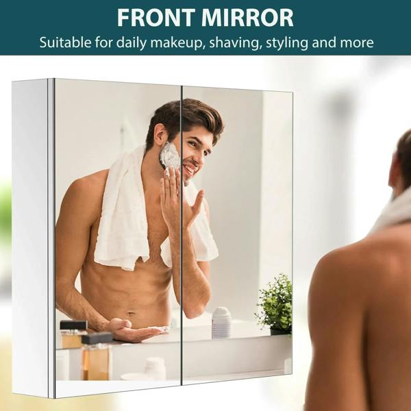 Bathroom mirror cabinet with two vertical mirrored doors and silver metal frame