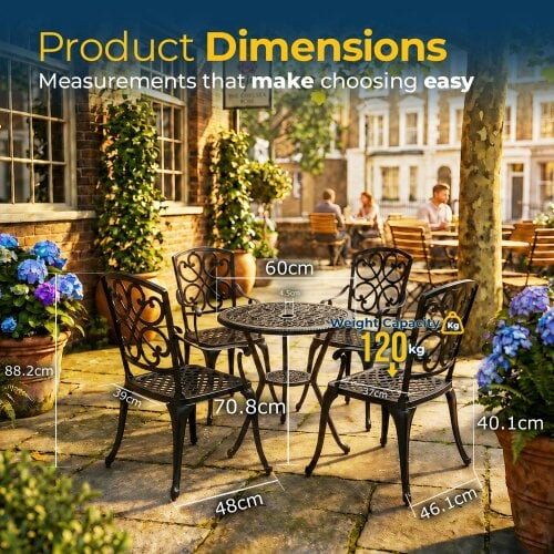 Homeology VIVALDI Black 5-Piece Cast Aluminium Garden Bistro Set- Rust-Proof Round Table with Parasol Hole & 4 Large Armchairs- Baroque Design