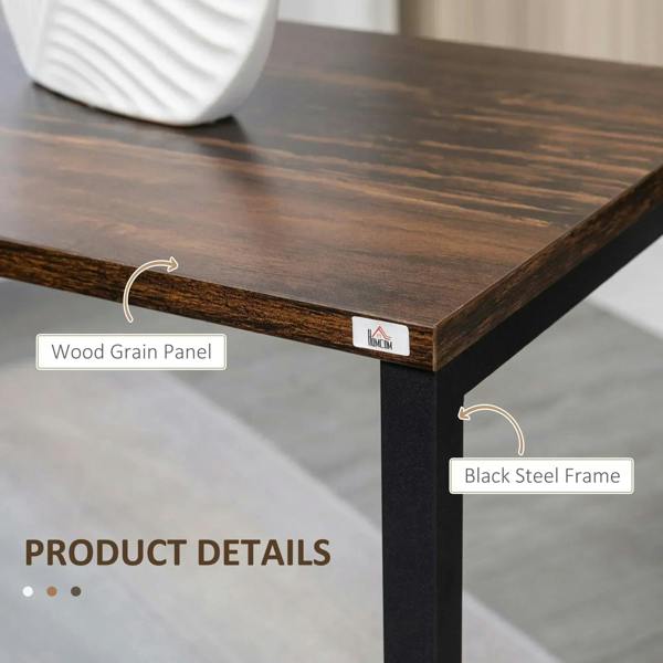 Dark brown wood-grain tabletop with black steel frame and edge detail