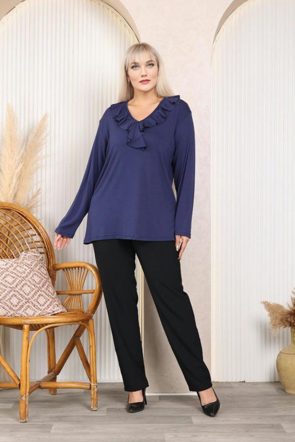Hoxton Gal Relaxed Fit Long Sleeve Elegant Blouse with Ruffle Neckline