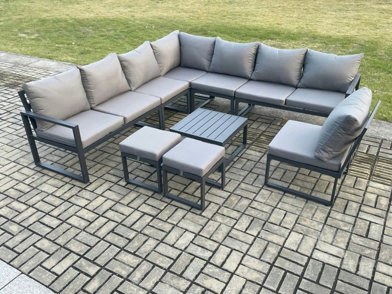 Fimous 10 Seater Patio Outdoor Garden Furniture Aluminium Lounge Corner Sofa Set with Square Coffee Table 2 Small Footstools Dark Grey
