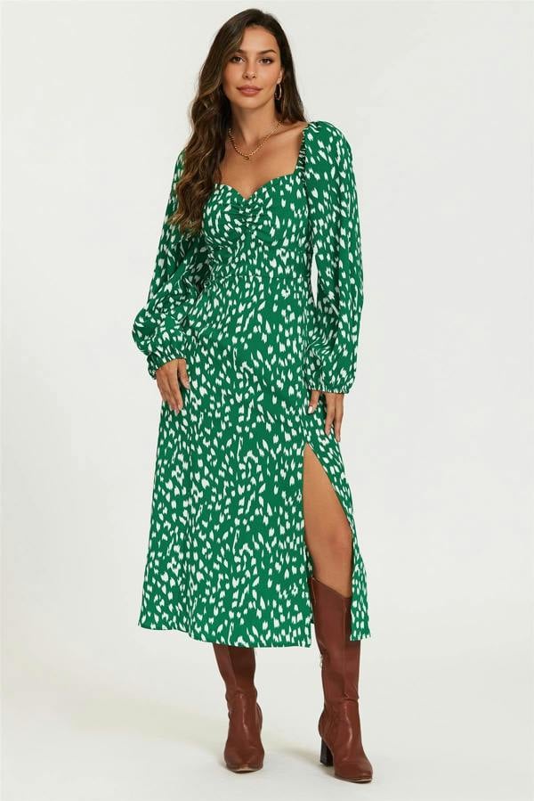 FS Collection Brushstroke Print Long Sleeve Heart Neckline Midi Dress In Green