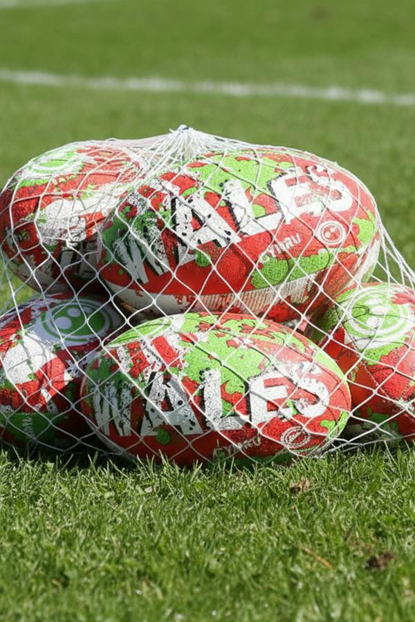 Red, green and white Optimum Wales rugby balls with WALES print in a net bag on a grass pitch - Optimum