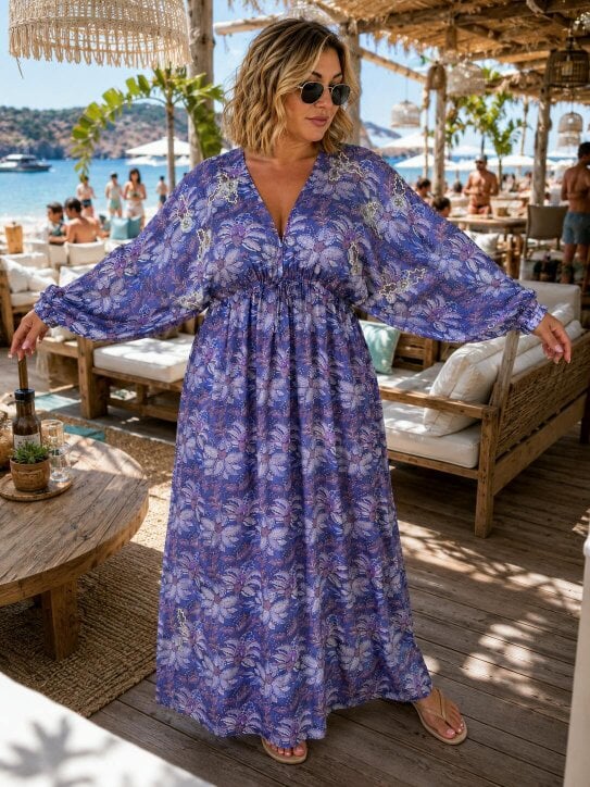 Caz Kaftan long in Lilac, leaf print with hand embellishment