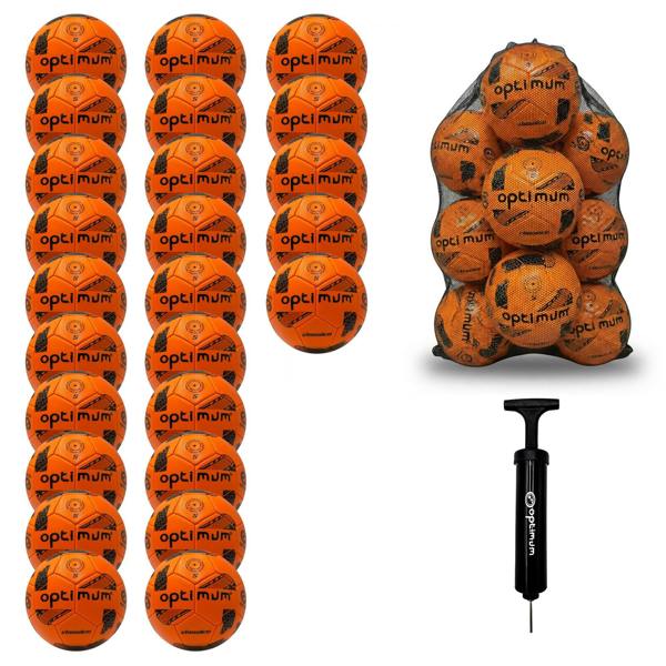 Optimum Classico bulk football pack in Orange — pack of 25 with free mesh carrier and pump