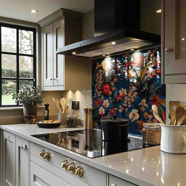 Benjamin Tate Design Bright Red & Orange Tropical Flowers & Plants Splash Back