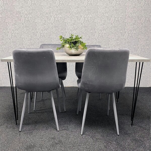 Kosy Koala Grey Dining Table with Hairpin Legs & 4 Grey Velvet Chairs Set for Kitchen & Dining Room