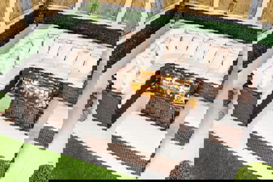 Giardino Santorini 6 Seat Modular Corner Sofa Rattan Garden Furniture Set Outdoor Fire Pit Coffee Table, Bench and Stool