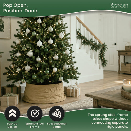 Pop Up Hessian Christmas Tree Skirt in Natural Colour Hessian, Sprung Steel Pop-Up Design, Fits 1.5–2.1m Trees, 56cm x 25cm