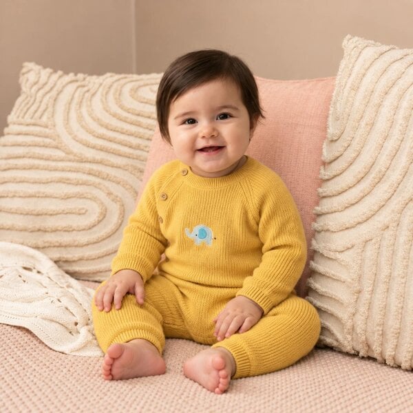 Mini Cuddles Elephant-Embroidered Romper (Mustard)