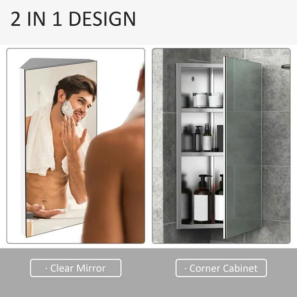 Mirrored corner cabinet storage with clear mirror and open shelving view