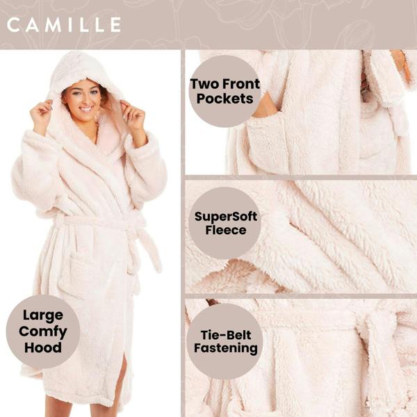 Camille Women's Hooded Bathrobe in Pink Soft Fleece Fluffy Dressing Gown