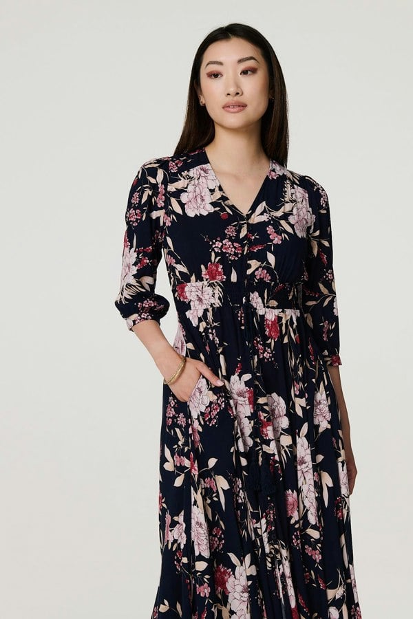 Navy | Floral 3/4 Sleeve A-Line Maxi Dress