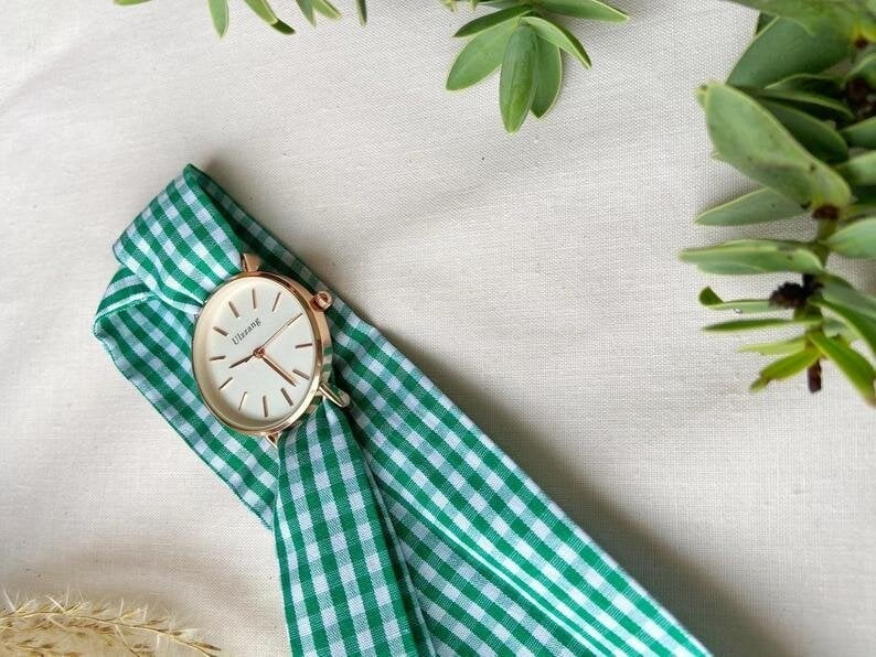 The Colourful Aura Green Plaid Cloth Changeable Cotton Tie Knot Strap Geneva Boho Wristwatch