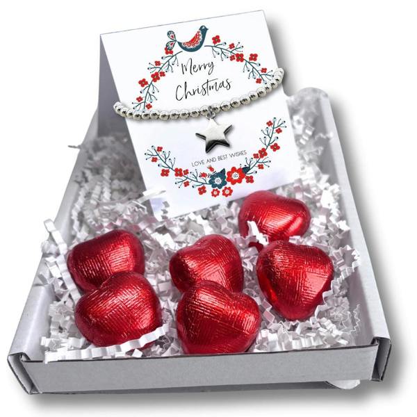 Aye Do Gifts Christmas Star Gift Box, Silver Star Bracelet & Chocolate Hearts