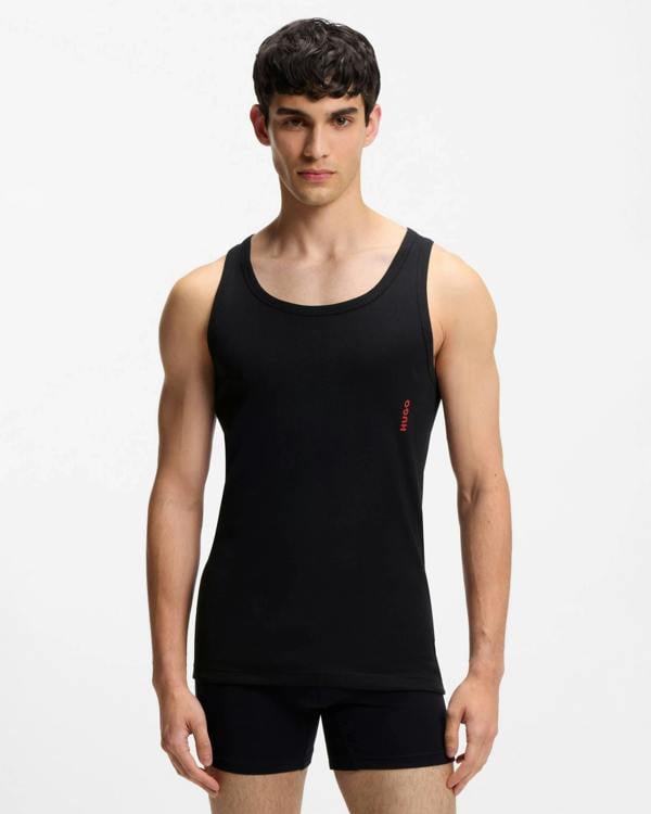 HUGO Two - Pack Mens Underwear Vests in Ribbed Stretch Cotton - Black 001 | CHO | Designer Mens,Underwear & Socks,Underwear,Mens,Underwear & Socks