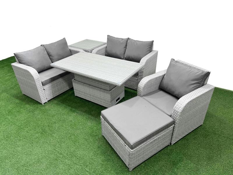 Fimous High Back Poly Rattan Garden Furniture Set, Adj Height Table, Reclining Loveseat, Indoor Outdoor Patio, Big Stool and Side Table, Light Grey