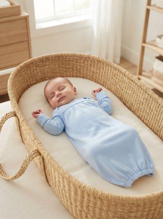 Organic newborn gown in sky blue with lap shoulder design, baby 
sleeping peacefully in Moses basket