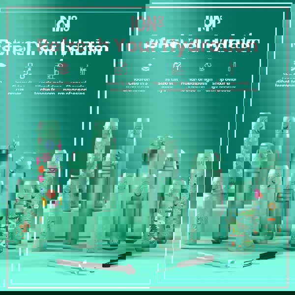 Several teal water bottles, varying in size and design, are displayed on a teal surface. Accessories are also shown. The text reads: "ION8 Refresh Your Hydration. Choose from 3 different materials. Sizes to suit any user. Hundreds of designs to choose from. Shop our wide range of accessories."