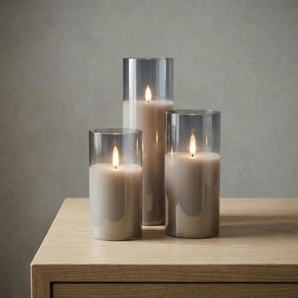 Garden Greatness Set of Three Grey Glass LED Pillar Candles