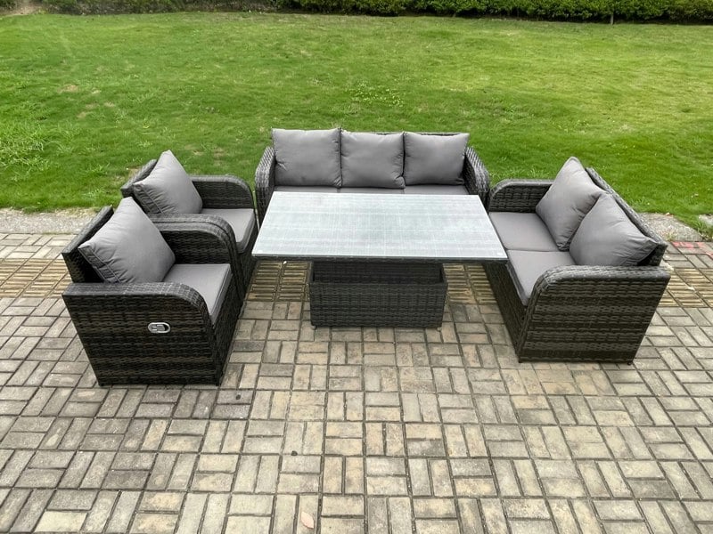 Fimous Rattan Outdoor Garden Furniture Sets Height Adjustable Rising lifting Dining Table Reclining Chair Sofa Set Dark Grey Mixed