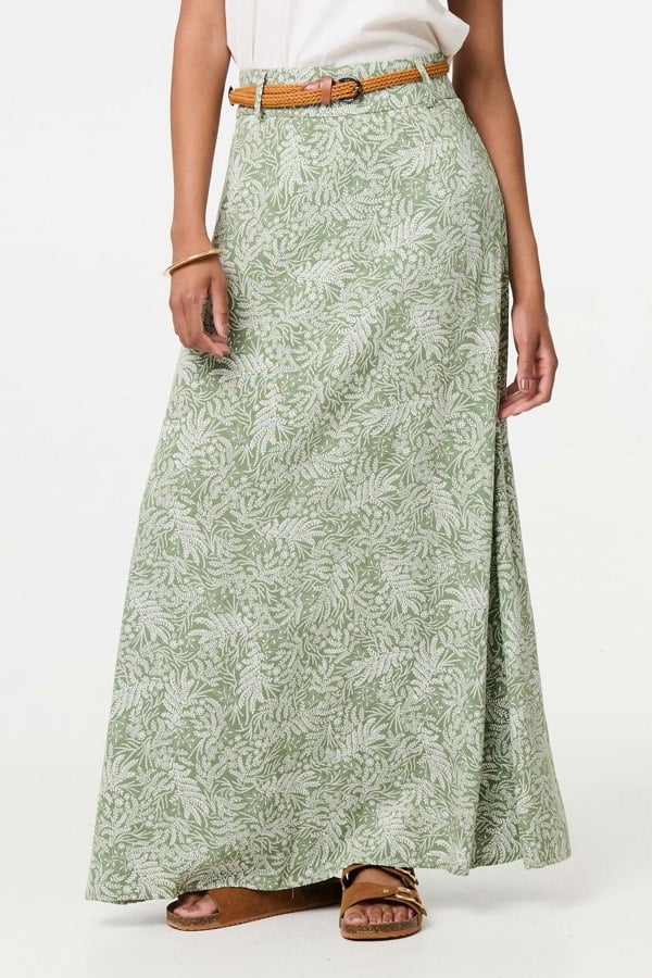Green | Leaf Print Belt Detail Maxi Skirt
