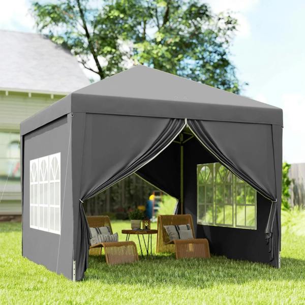 Grey pop-up gazebo tent with front curtains and two side window panels