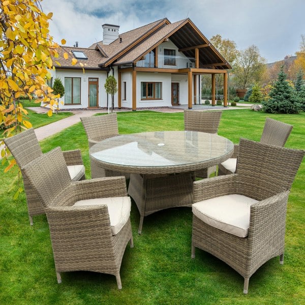 Furniture One 7 PCS Aluminium Rattan Garden Furniture 4 Seat Set, 135CM Round Tempered Glass Dining Table + 6 Chairs Set Full Assembly