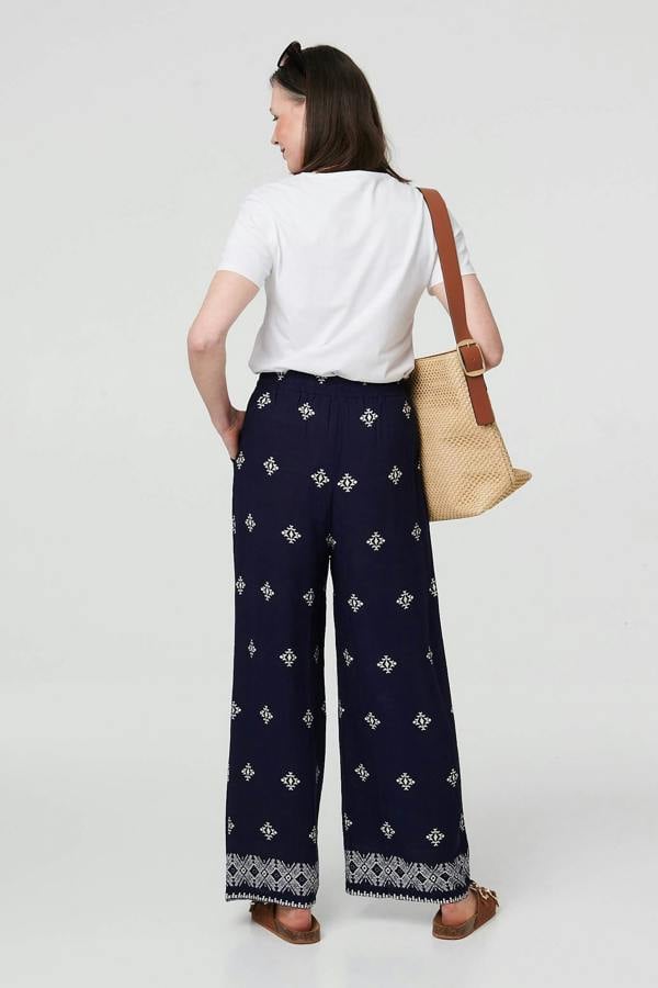 Navy | Printed High Waist Drawstring Trousers