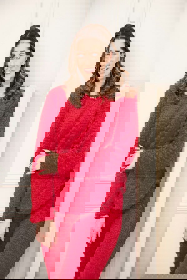 Camille Womens Burgundy Supersoft Fleece Textured Woven Pattern Pyjama Set