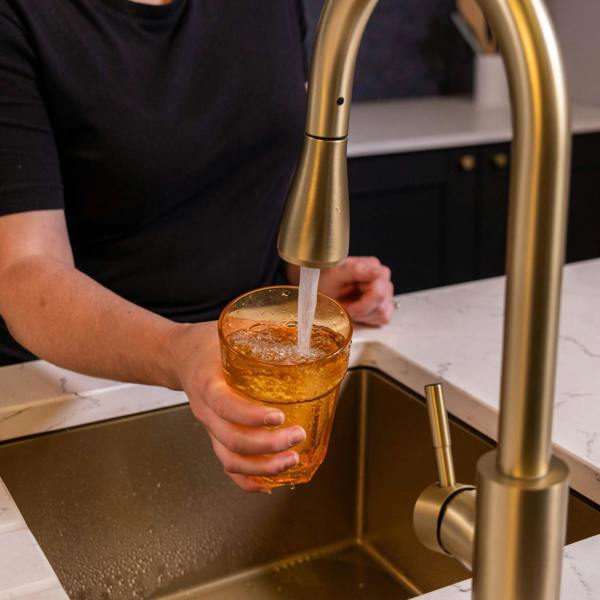 Flode Runda | Kitchen Sink Mixer with Pull out Spray | Brushed Brass | Oval Head