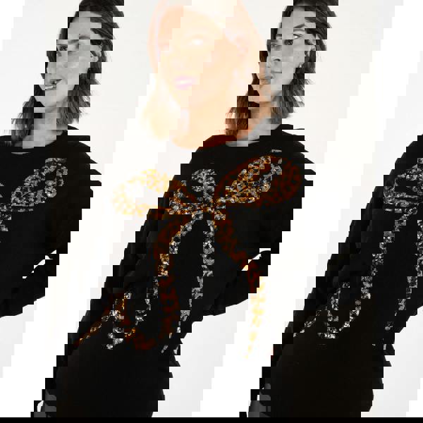 Blue Vanilla Curve Sequin Leopard Bow Jumper