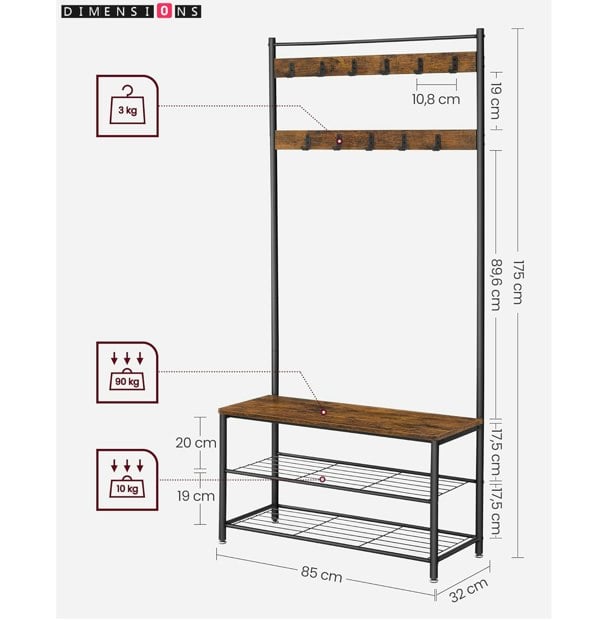 Modcraft Coat Rack with Shoe Storage Bench with Steel Frame