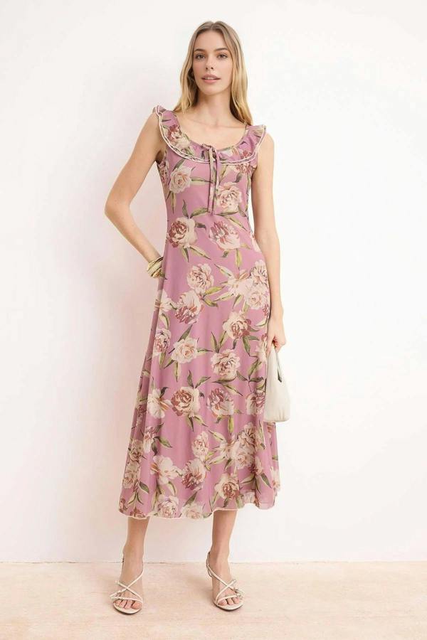 WOVCOR Floral A-Line Pool Neck Fruffled Midi Tulle Knit Dress