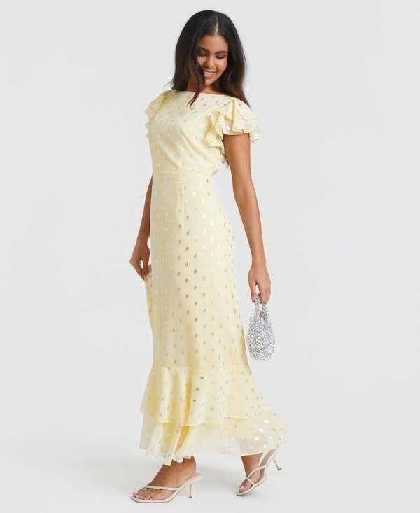 Lemon Flutter Sleeve Foil Midi Dress